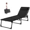 Folding Chaise Lounge Pool Chair with 4-Position Reclining Back, Pillow, Breathable Mesh & Bungee Seat, Black