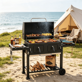 Large Charcoal Grill Portable with Lifting Charcoal Trays Folding Tables And Wheels for Outdoor Cooking BBQ