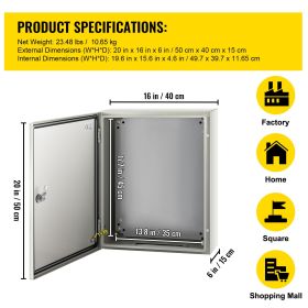 NEMA Steel Case, 20x16x6'' NEMA 4X Metal Electric Enclosure, IP66 Water & Dust Resistant, Suitable for Both Outdoor/Indoor Use