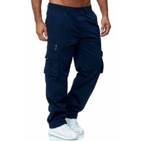 Men's Casual Multi-pocket Loose Straight Cargo Pants (Option: Navy blue-L)