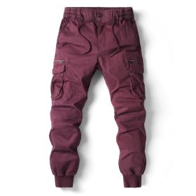 Solid Color Skinny Pants Multi-pocket Men's Working Pants (Option: Wine Red-29)