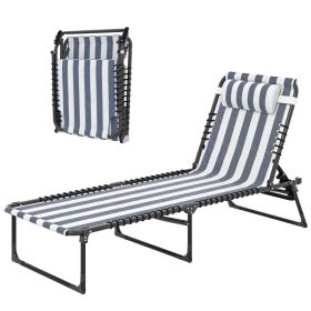 Folding Chaise Lounge Pool Chair with 4-Position Reclining Back, Pillow, Breathable Mesh & Bungee Seat, Blue & White (Colors: Blue and White-750x150x610 mm)
