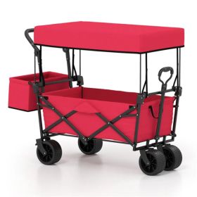 Foldable Utility Wagon,Adjustable Handle Outdoor Wagon, Puncture-Proof Wheels With Brakes, Removable Bag & Side Pockets-Red (Colors: Defaulttitle)