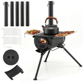 Portable Foldable Wood Burning Tent Stove With 5 Sections Chimney, Heavy Duty Carbon Steel Camping Stove With View Window & Cooking Racks For Out (Colors: Defaulttitle)