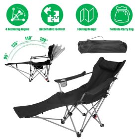 Reclining Camping Chair With Footrest 4-Position Adjustable Outdoor Folding Chair Heavy Duty Portable Camping Lounge Chair With Headrest Cup Hold (Colors: Black)