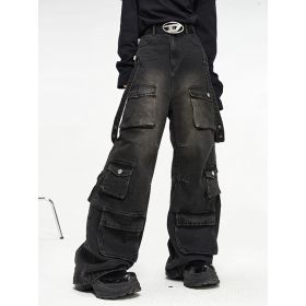 Multi Pocket Vintage Wide Leg Jeans For Men (Colors: Black-S)
