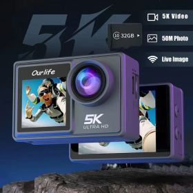 Ourlife 5K 30fps Action Cam 50MP EIS Wifi Wireless Dual Dcreen Vlog Camera With 32GB Memory Card (Colors: Style1)